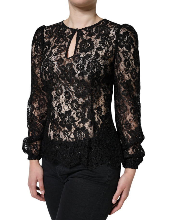 Dolce &amp; Gabbana Black Floral Lace See Through Long Sleeve Top