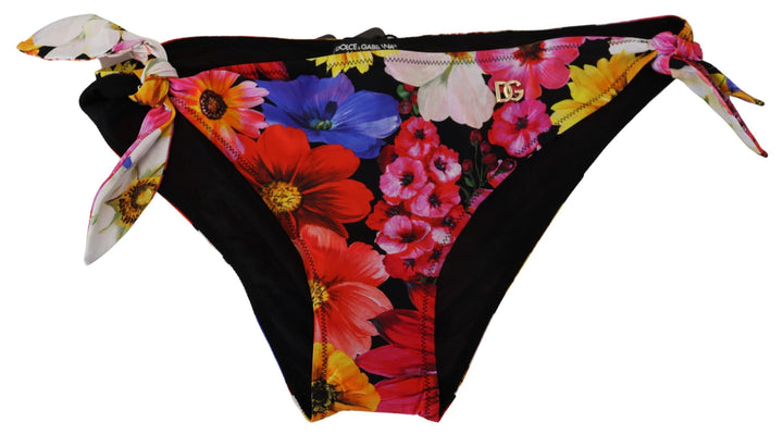 Dolce &amp; Gabbana Black Floral Print Swimsuit Bikini Bottom Swimwear