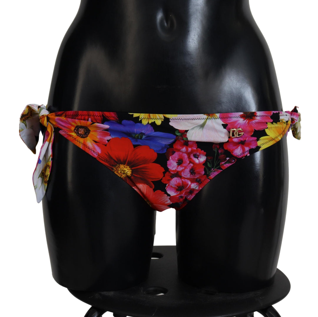 Dolce &amp; Gabbana Black Floral Print Swimsuit Bikini Bottom Swimwear