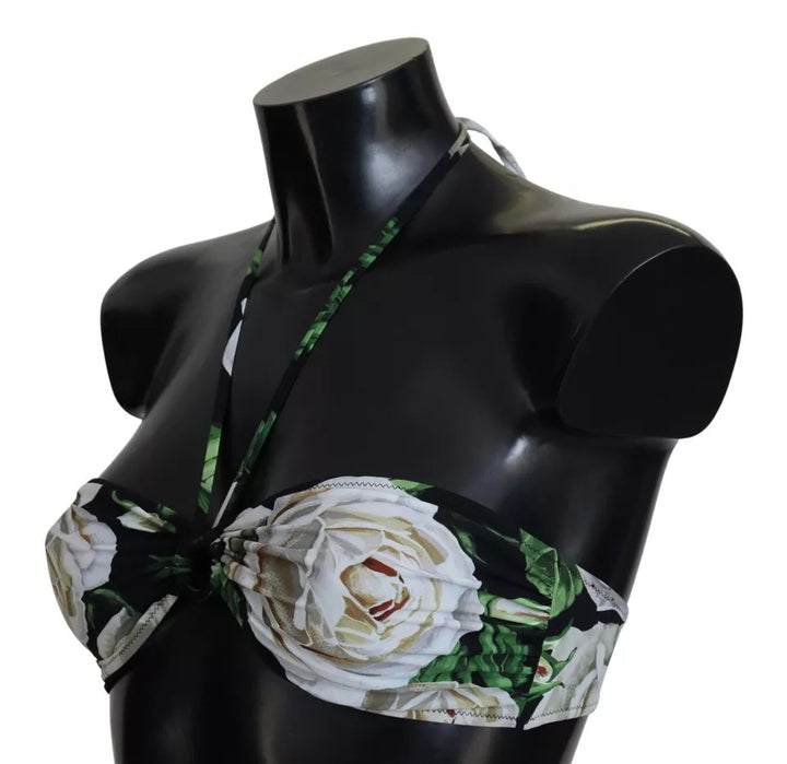 Dolce &amp; Gabbana Black Floral Halter Beachwear Swimwear Bikini Top