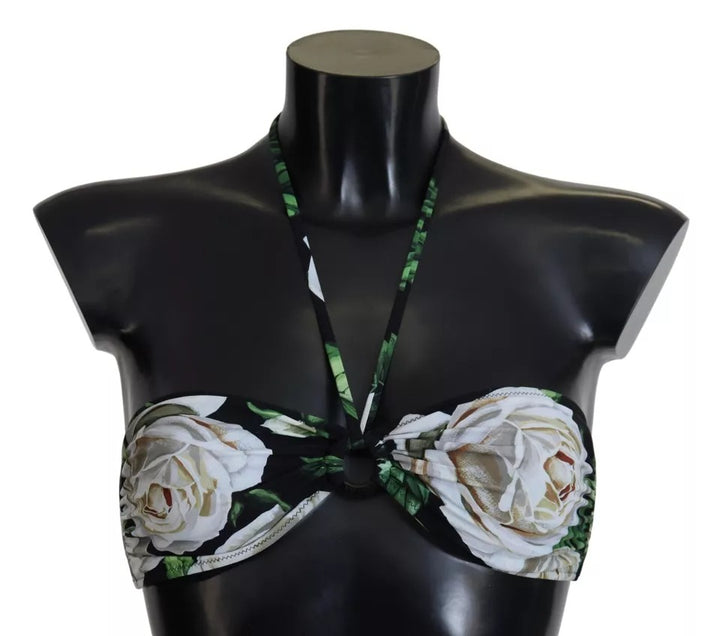 Dolce &amp; Gabbana Black Floral Halter Beachwear Swimwear Bikini Top