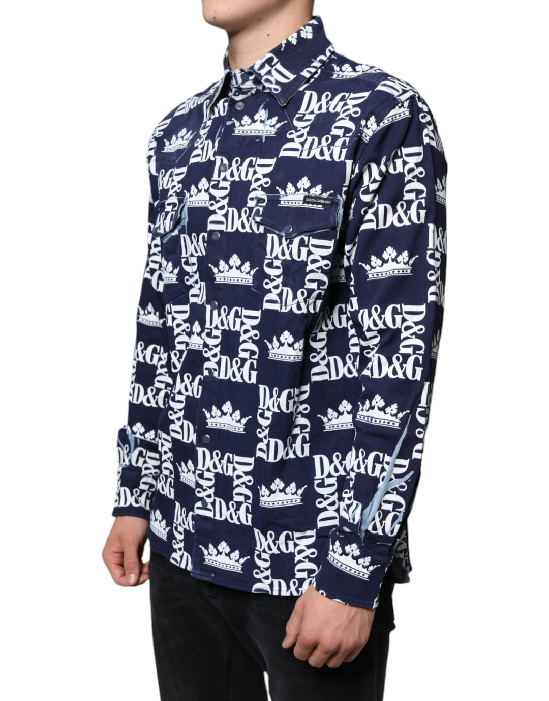 Dolce &amp; Gabbana Blue Crown Logo Print Slim Fit Cotton Shirt