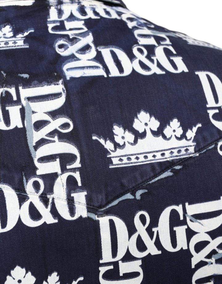 Dolce &amp; Gabbana Blue Crown Logo Print Slim Fit Cotton Shirt