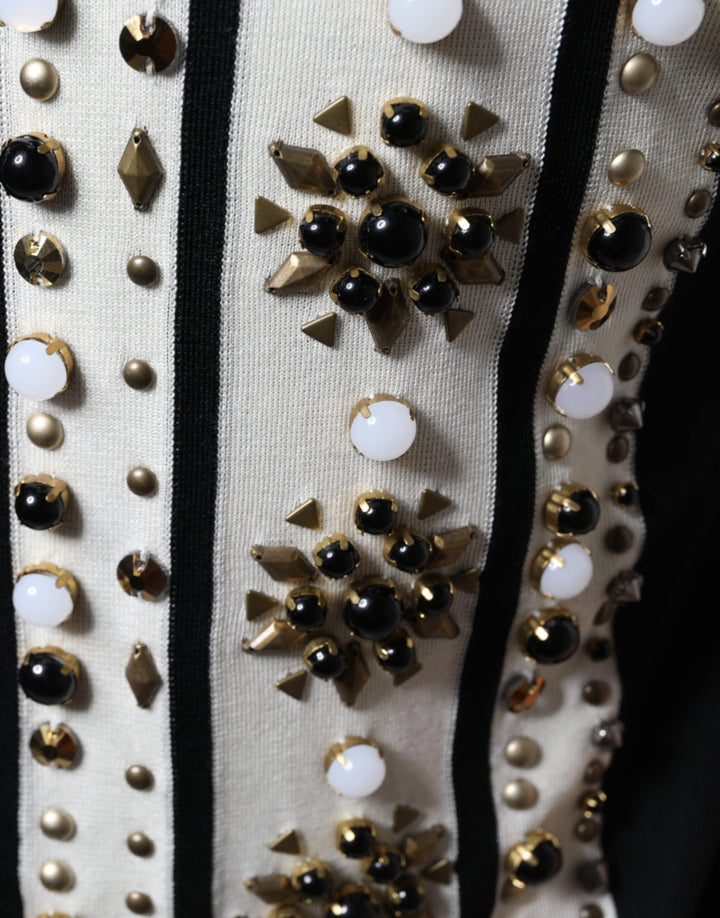 Dolce &amp; Gabbana White Black Silk Studded Stone Crystal Shirt