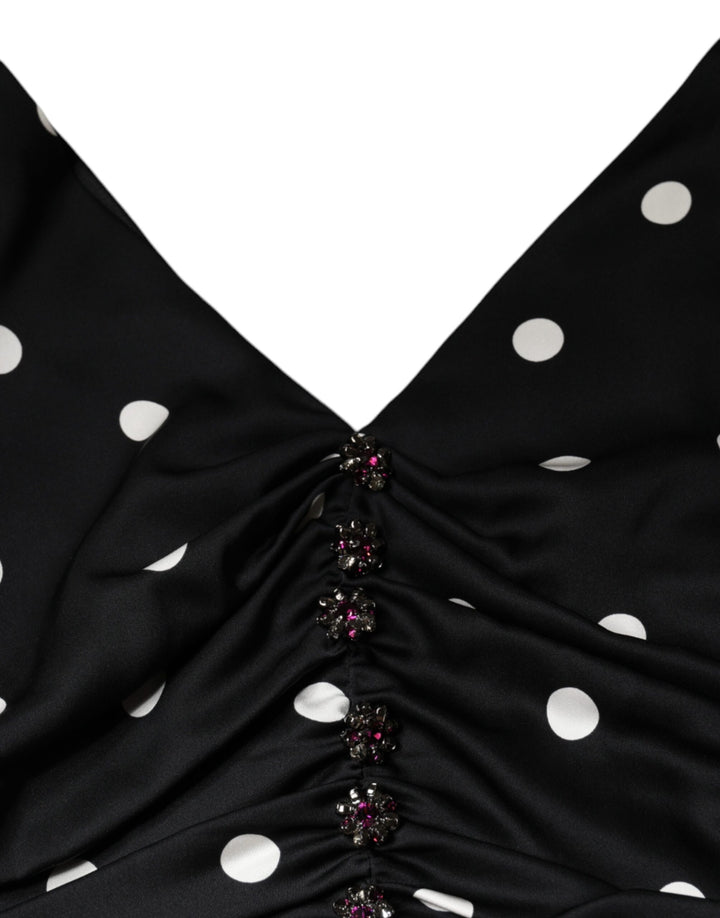 Dolce &amp; Gabbana Black Silk Polka Dot Vneck Tassel Midi Dress