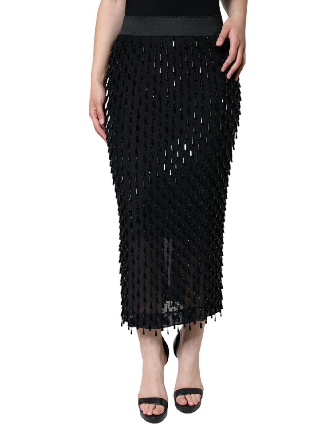 Jupe crayon mi-longue noire à ornements Dolce &amp;amp; Gabbana