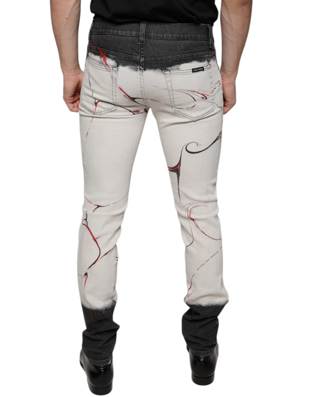 Dolce &amp; Gabbana Black White Printed Skinny Men Denim Jeans