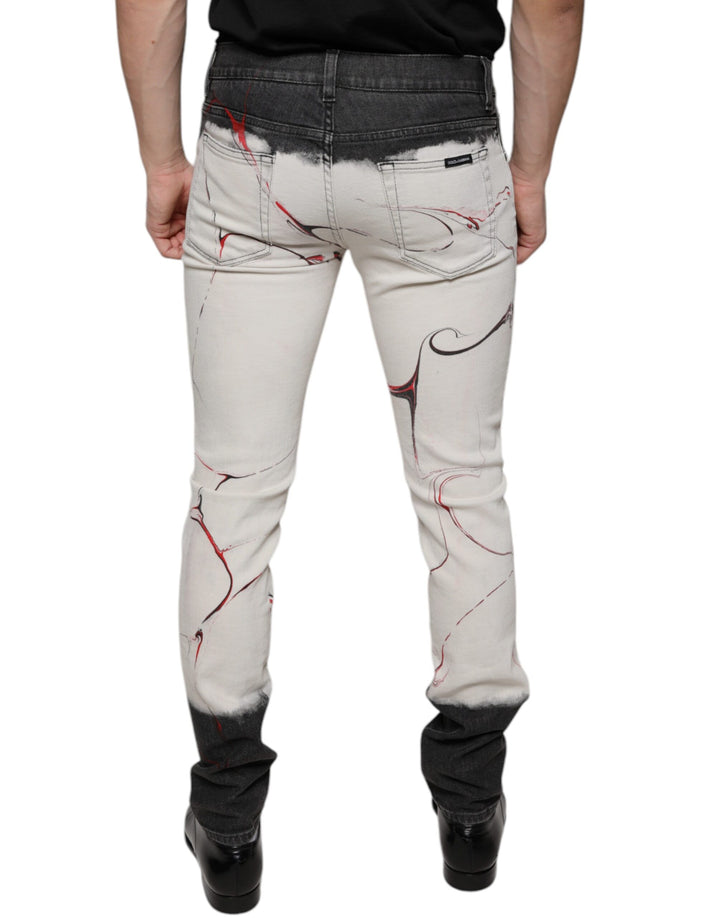 Dolce &amp; Gabbana Black White Printed Skinny Men Denim Jeans