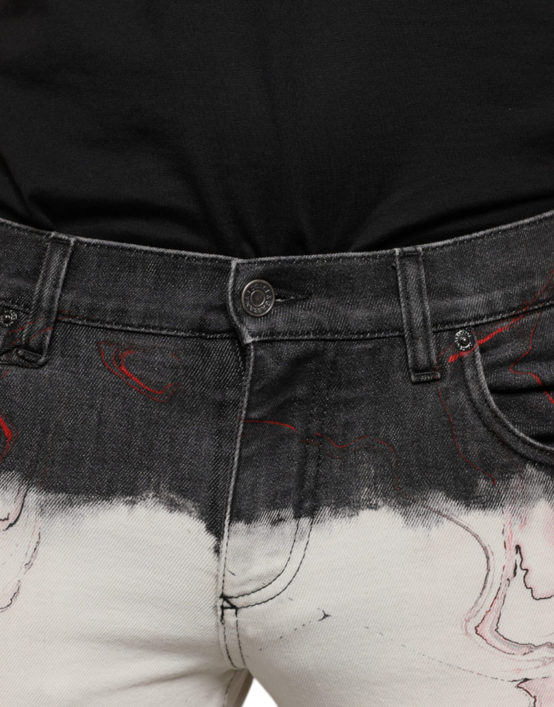 Dolce &amp; Gabbana Black White Printed Skinny Men Denim Jeans