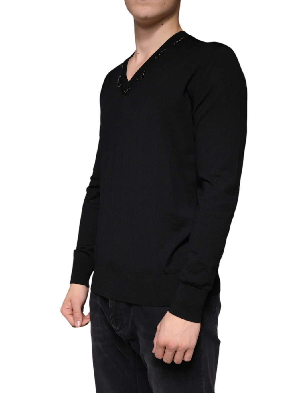 Dolce &amp; Gabbana Black Embellished V-neck Pullover Sweater