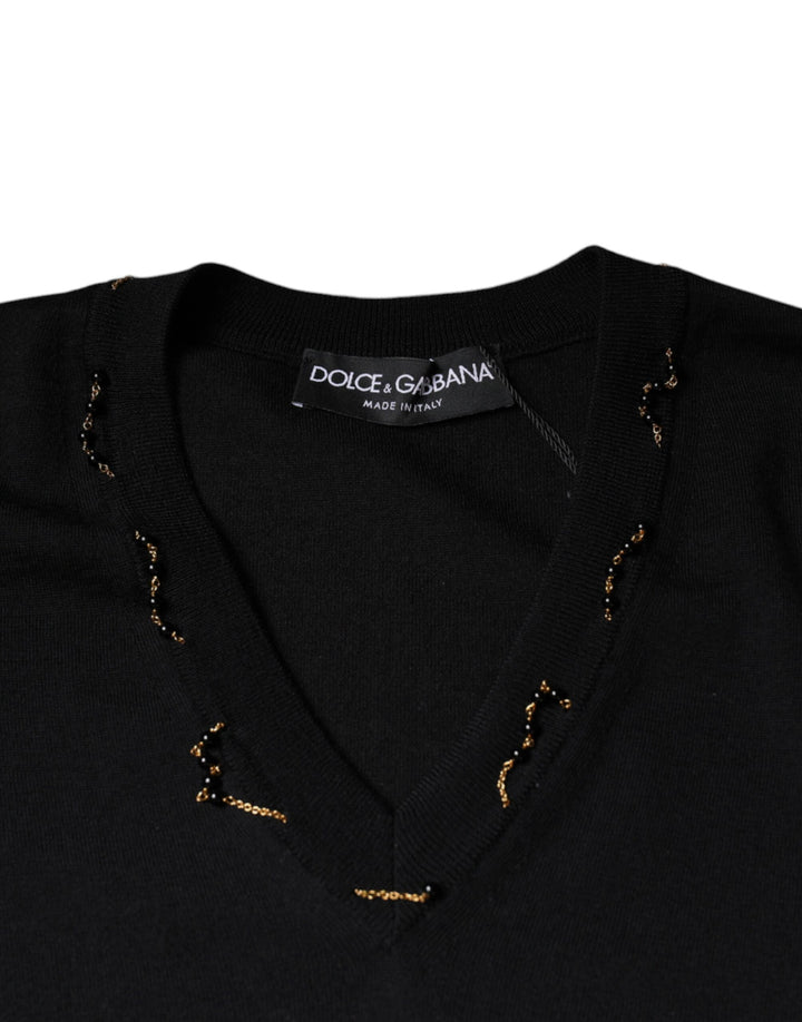 Dolce &amp; Gabbana Black Embellished V-neck Pullover Sweater