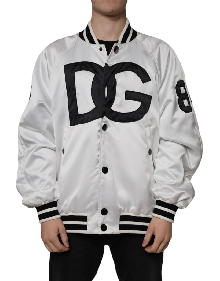 Dolce &amp; Gabbana White Polyester Logo Full Zip Bomber Jacket