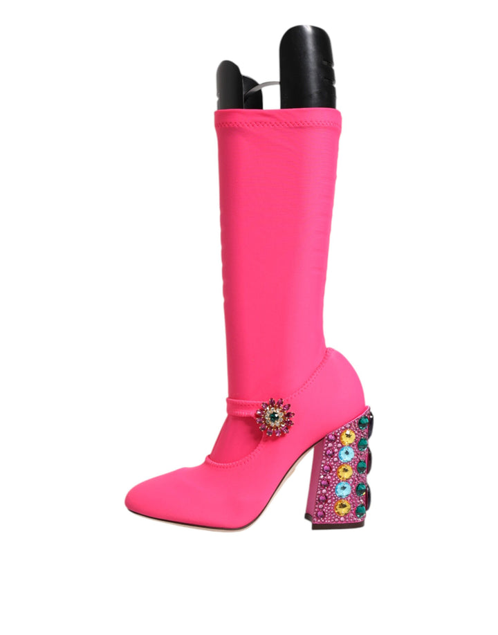 Dolce &amp; Gabbana Pink Nylon Crystal Vally High Boots Shoes