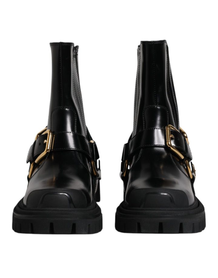 Dolce &amp; Gabbana Black Leather Slip On Stretch Trekking Boots Shoes