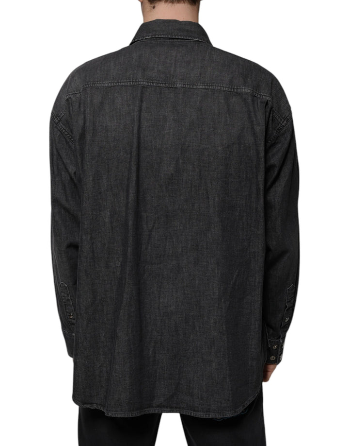Dolce &amp; Gabbana Black Logo Cotton Button Down Denim Shirt