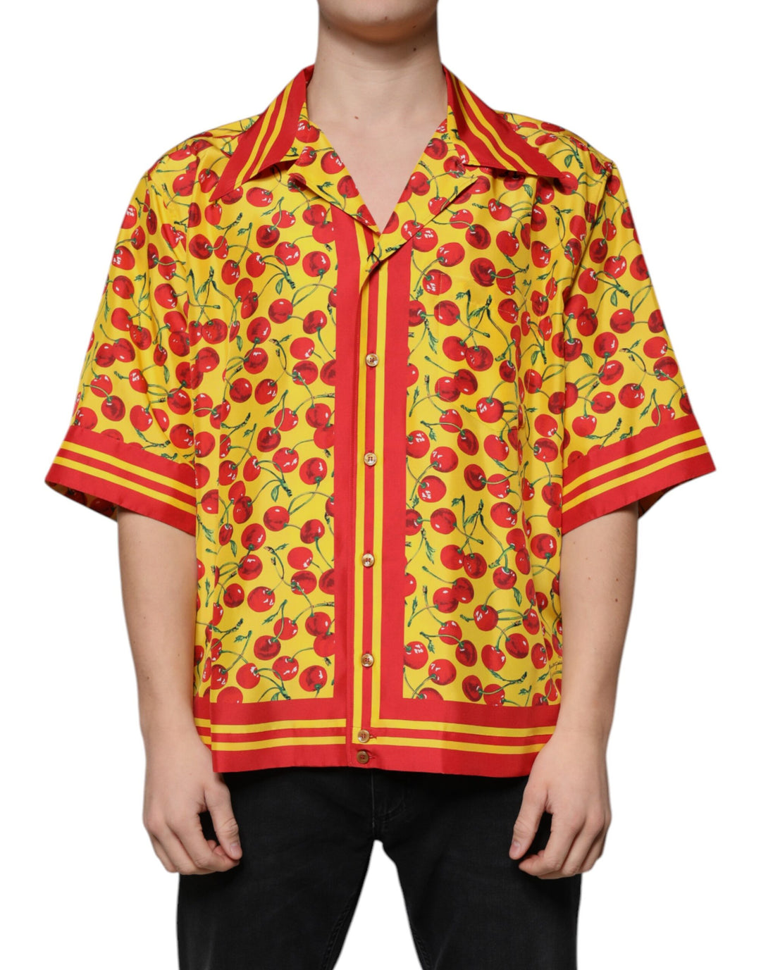 Dolce &amp; Gabbana Yellow Cherry Button Down Silk Casual Shirt