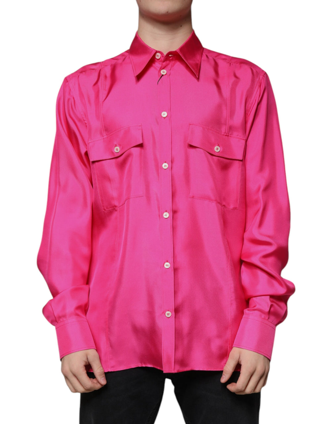 Dolce &amp; Gabbana Pink Silk Collared Button Down Men Shirt