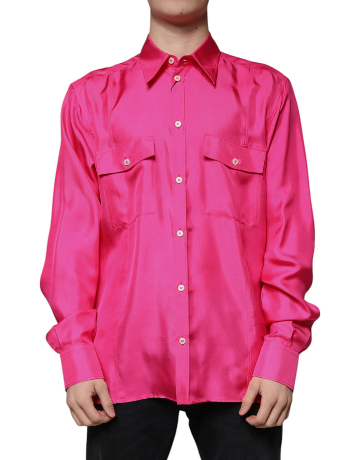 Dolce &amp; Gabbana Pink Silk Collared Button Down Men Shirt