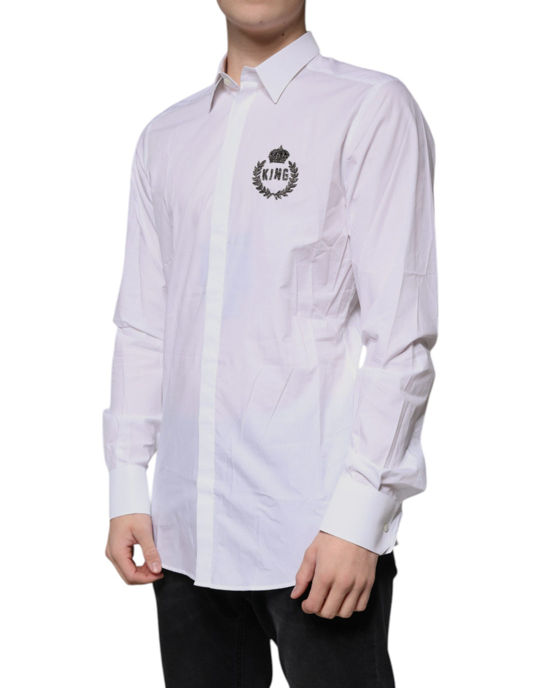 Dolce &amp; Gabbana White Cotton Logo Formal Men GOLD Dress Shirt