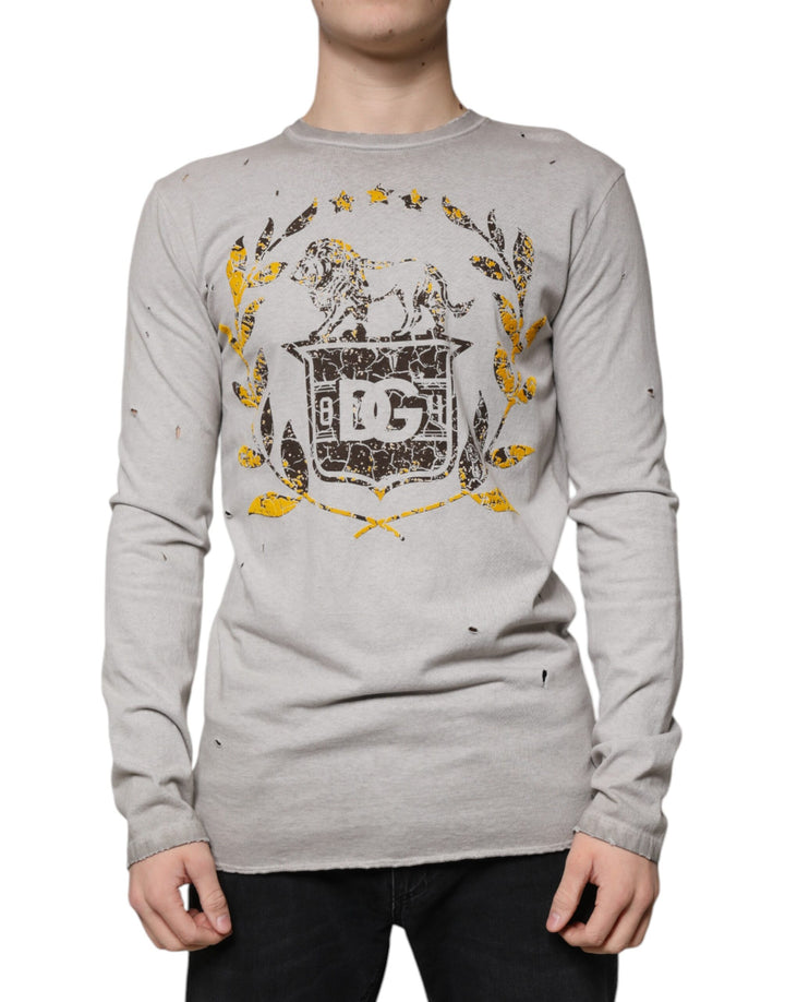 Dolce &amp; Gabbana Gray Printed Cotton Crewneck Pullover Sweater