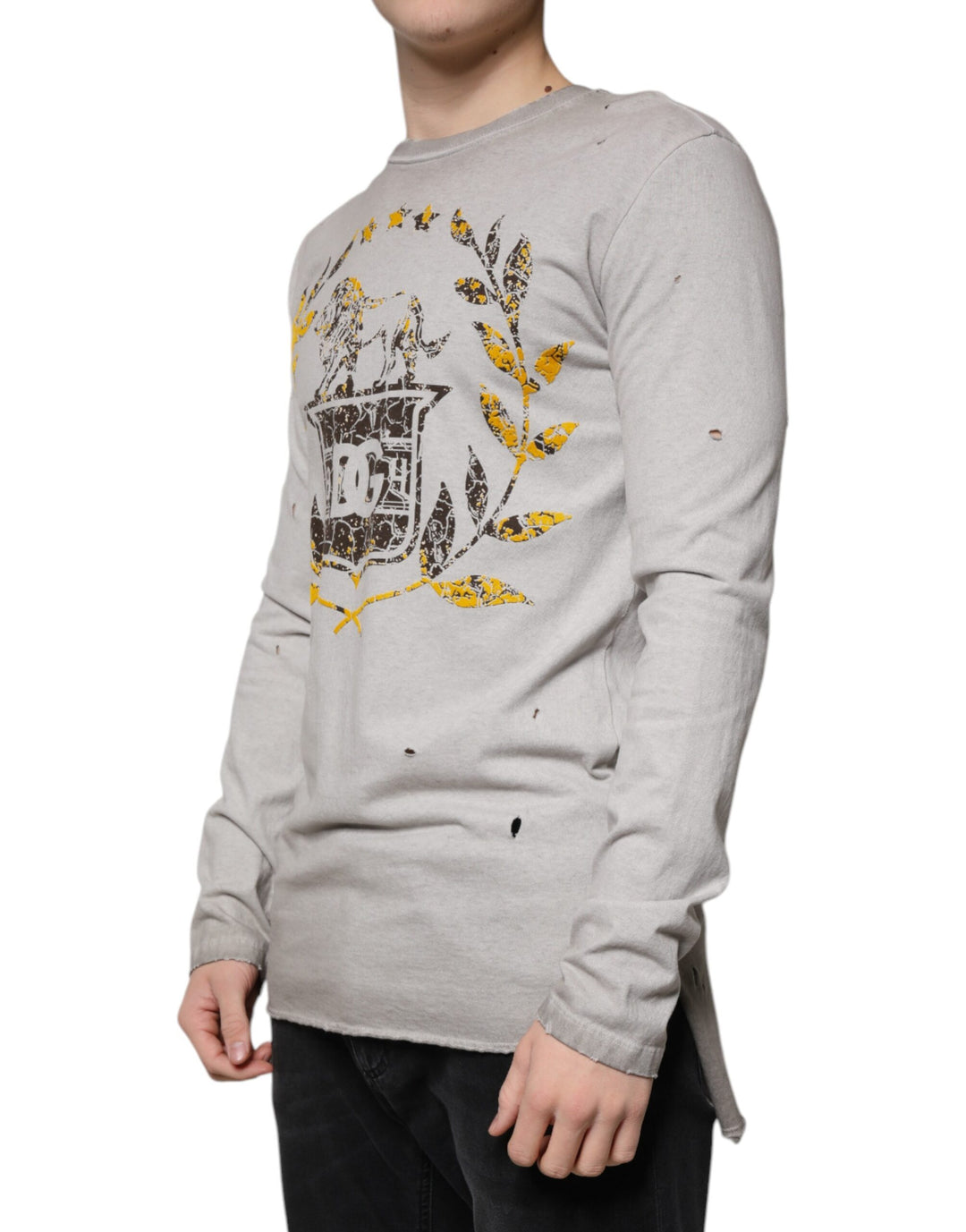 Dolce &amp; Gabbana Gray Printed Cotton Crewneck Pullover Sweater