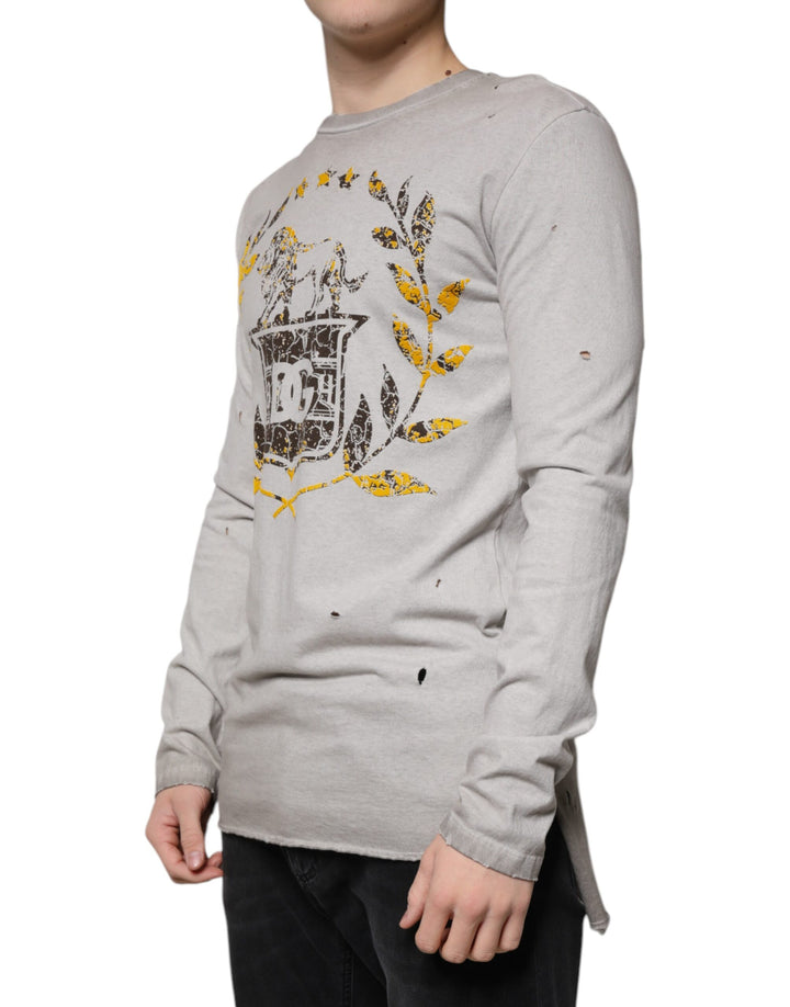 Dolce &amp; Gabbana Gray Printed Cotton Crewneck Pullover Sweater