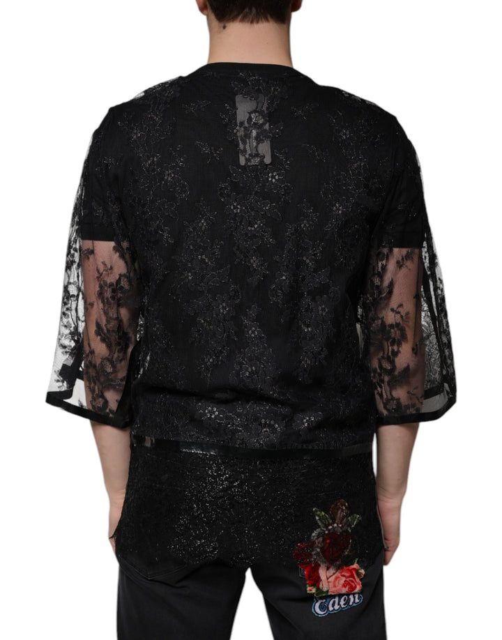 Dolce &amp; Gabbana Black Nylon Floral Lace Crew Neck T-shirt