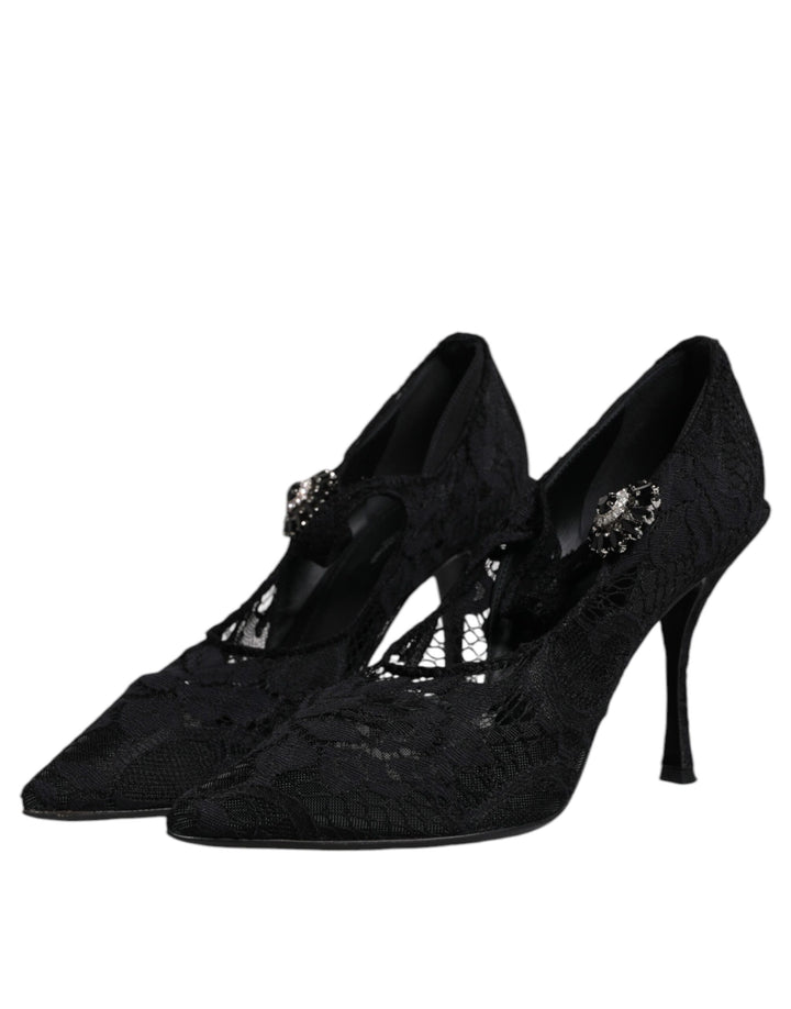 Dolce &amp; Gabbana Black Lace Crystals Mary Jane Pumps Shoes