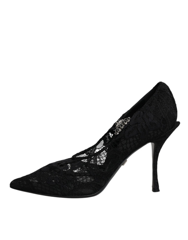 Dolce &amp; Gabbana Black Lace Crystals Mary Jane Pumps Shoes