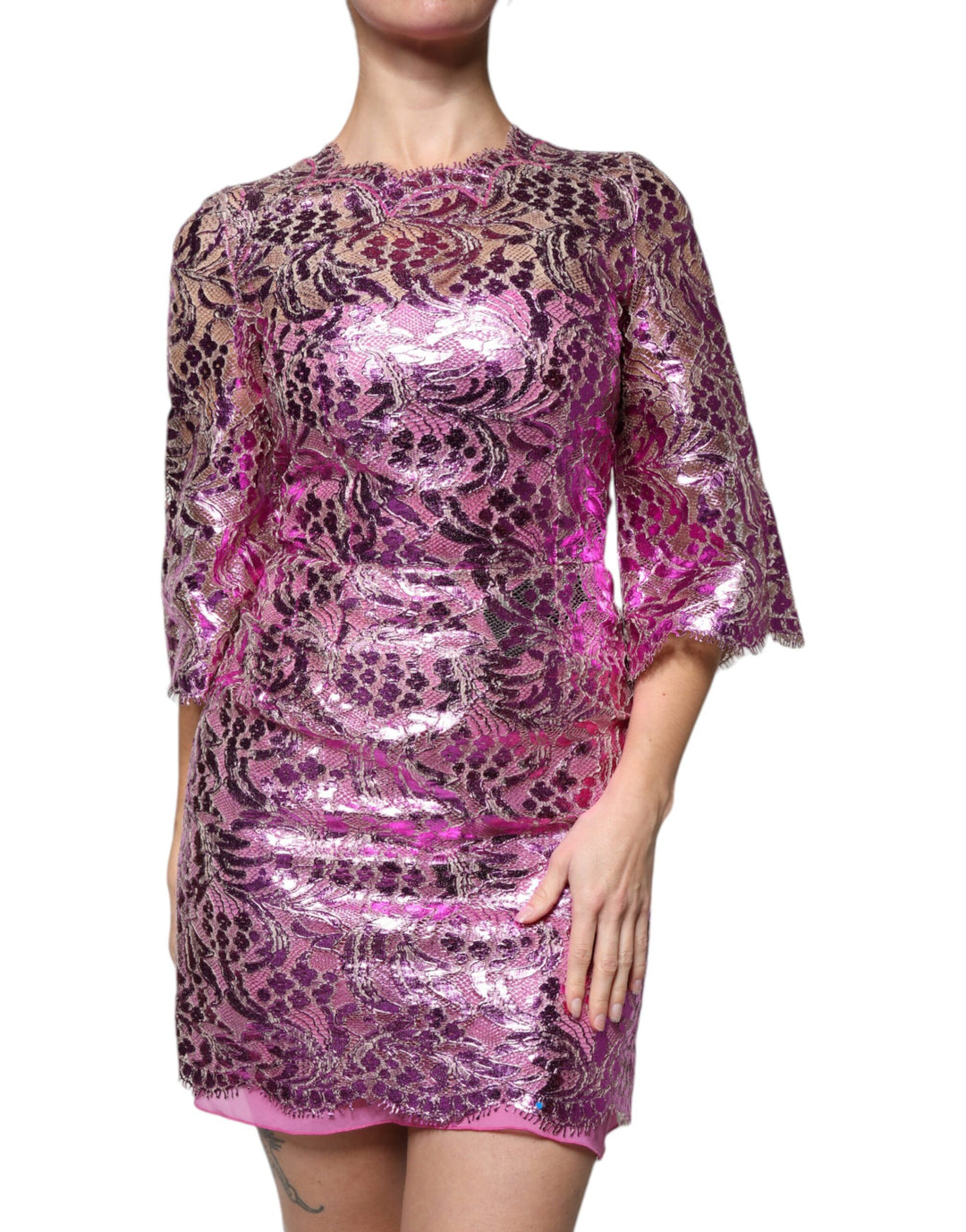 Dolce &amp; Gabbana Metallic Fuchsia Floral Sheath Mini Dress