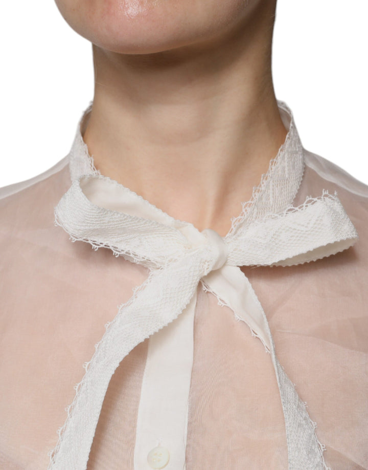 Dolce &amp; Gabbana White Ascot Collar Long Sleeves Blouse Top