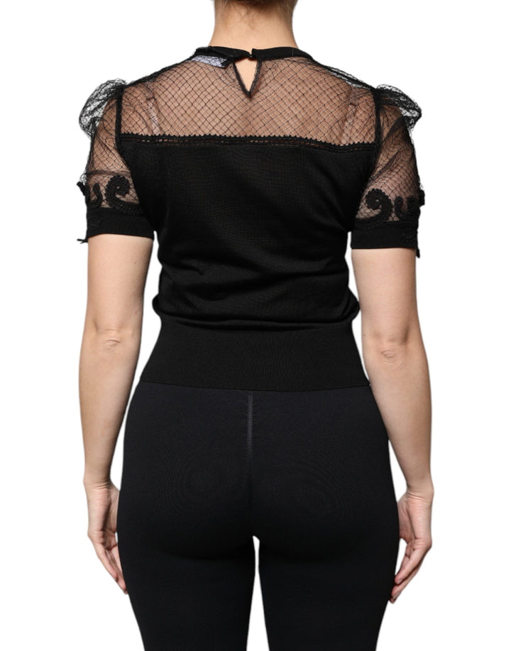 Dolce &amp; Gabbana Black Floral Lace Short Sleeves Blouse Top