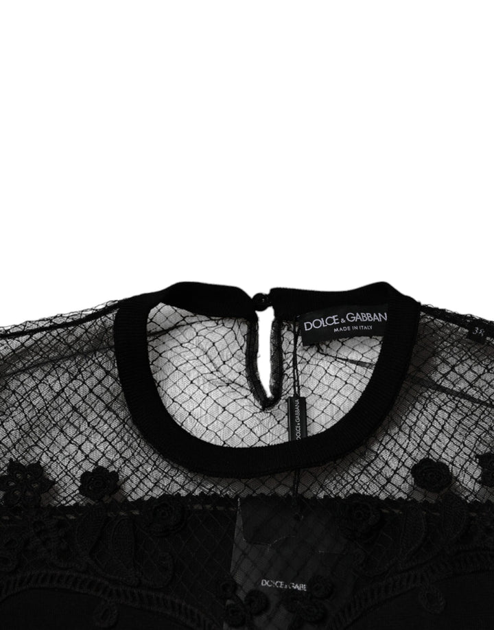 Dolce &amp; Gabbana Black Floral Lace Short Sleeves Blouse Top