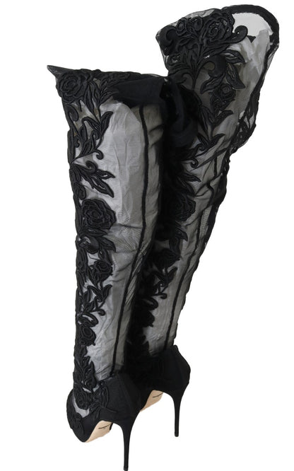 Dolce & Gabbana Black Floral Embroidered Socks Boots