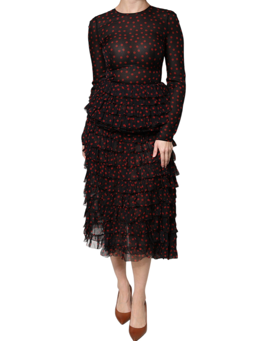 Dolce &amp; Gabbana Black Red Polka Dot Silk Layered Midi Dress