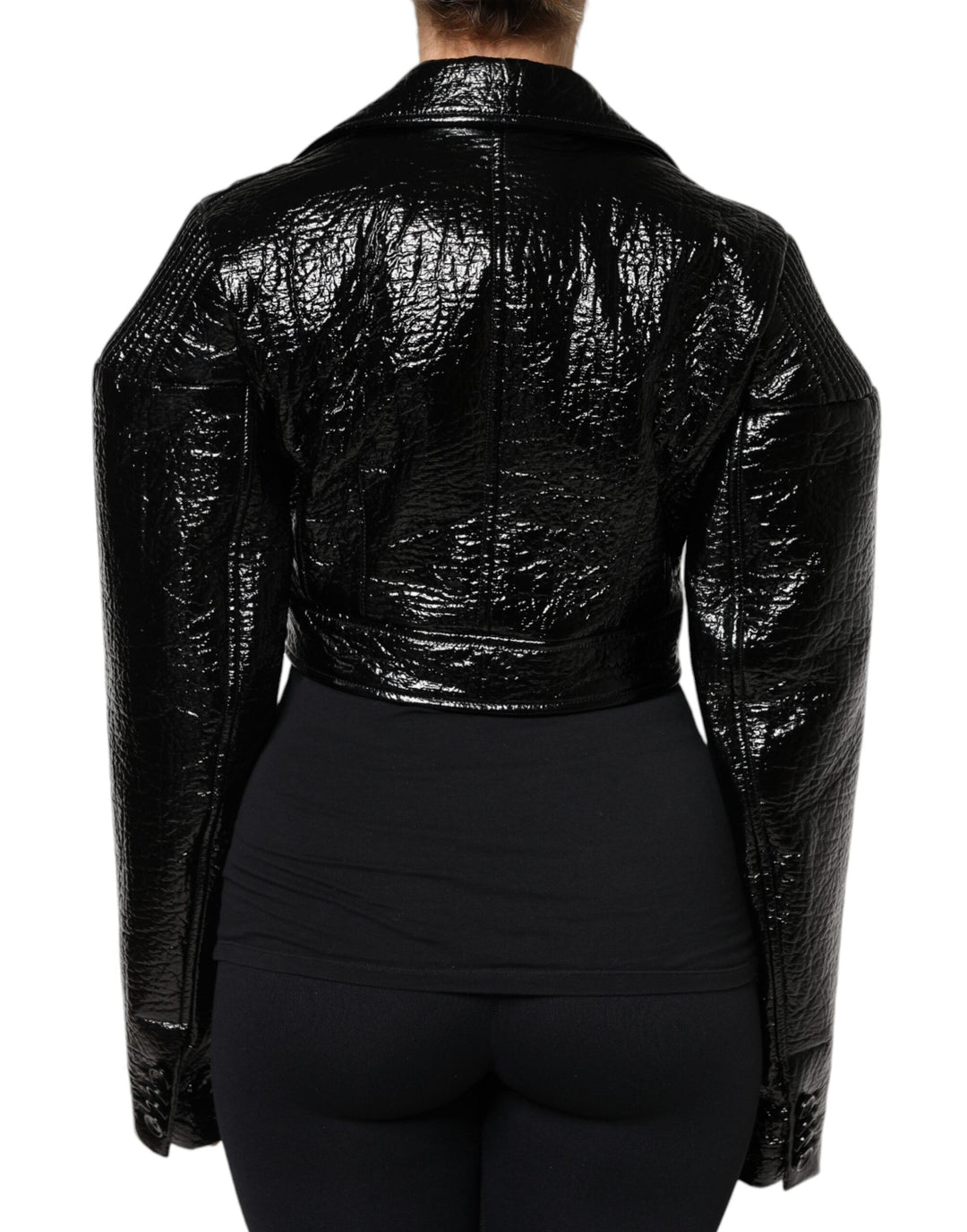 Dolce &amp; Gabbana Black Leather Cropped Long Sleeve Coat Jacket