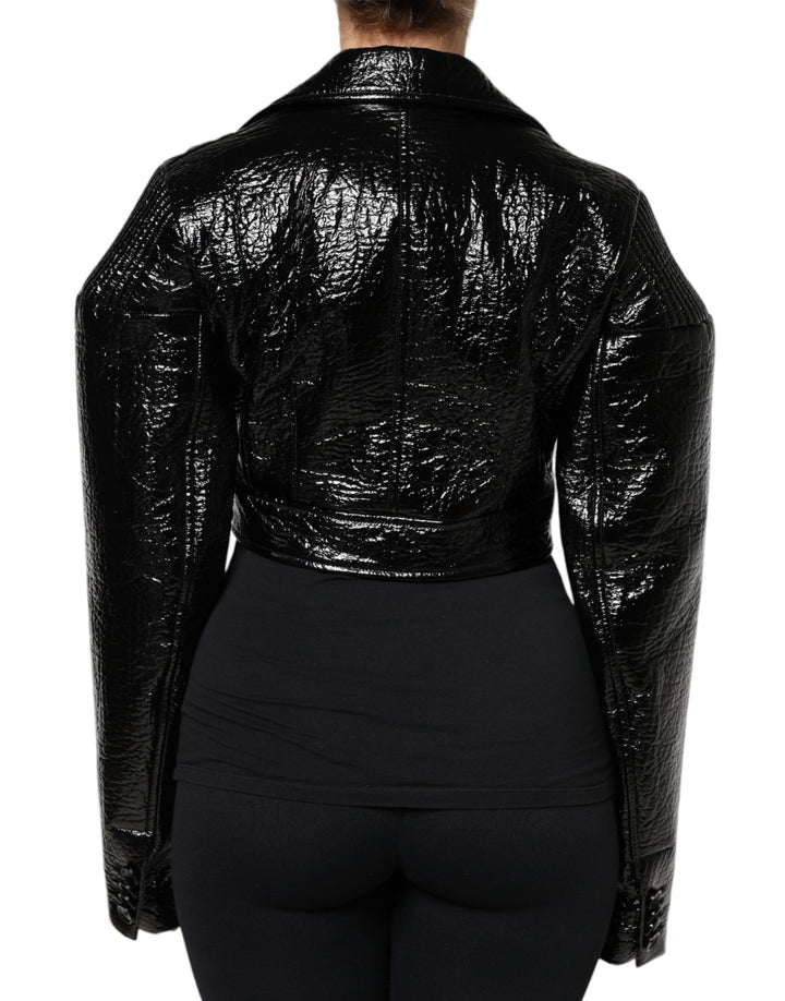 Dolce &amp; Gabbana Black Leather Cropped Long Sleeve Coat Jacket