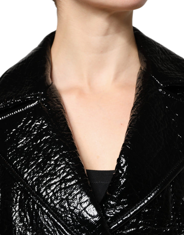 Dolce &amp; Gabbana Black Leather Cropped Long Sleeve Coat Jacket