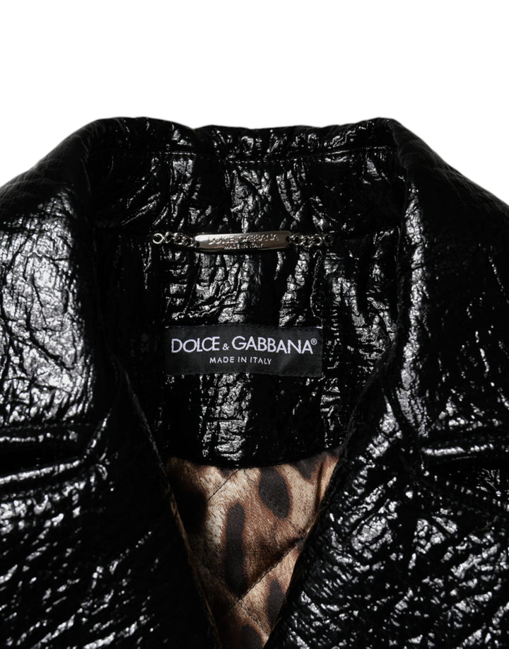 Dolce &amp; Gabbana Black Leather Cropped Long Sleeve Coat Jacket