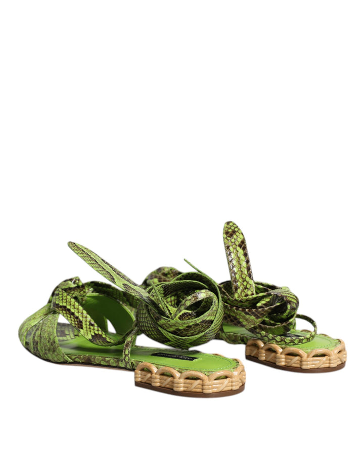 Dolce &amp; Gabbana Green Animal Print Ankle Wrap Sandals Shoes