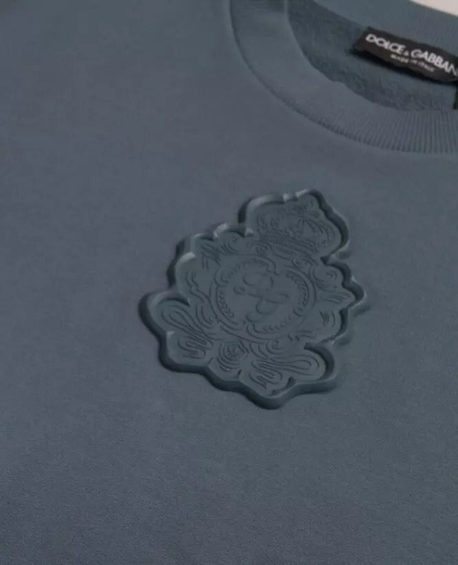 Dolce &amp; Gabbana Blue Cotton Logo Patch Crew Neck Men Pullover Sweater