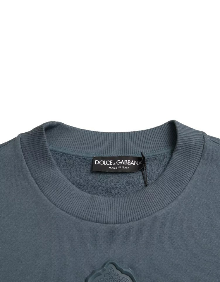 Dolce &amp; Gabbana Blue Cotton Logo Patch Crew Neck Men Pullover Sweater