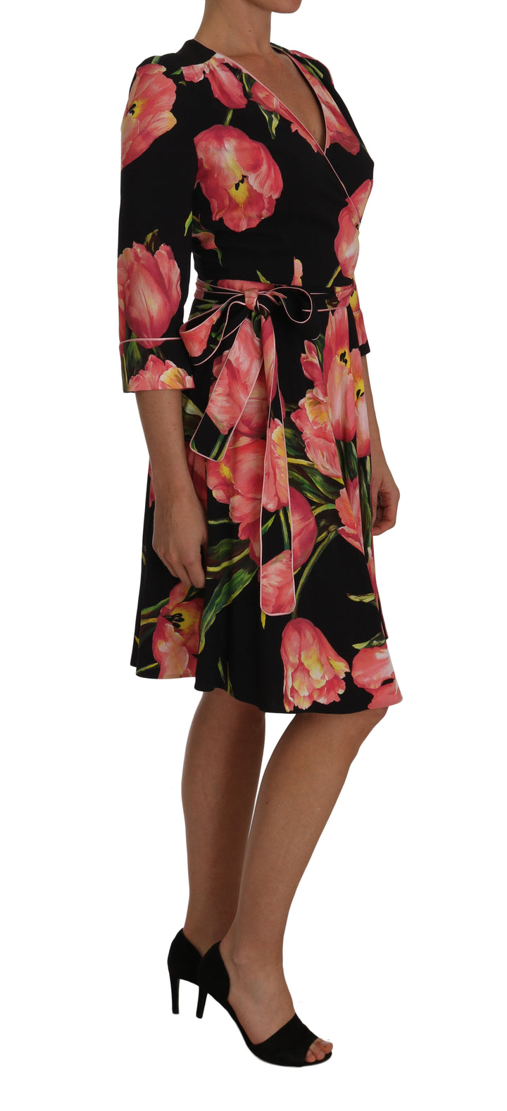 Dolce &amp; Gabbana Black Pink Tulip Print Stretch Shift Dress women’s dress