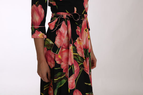 Dolce & Gabbana Black Pink Tulip Print Stretch Shift Dress women’s dress