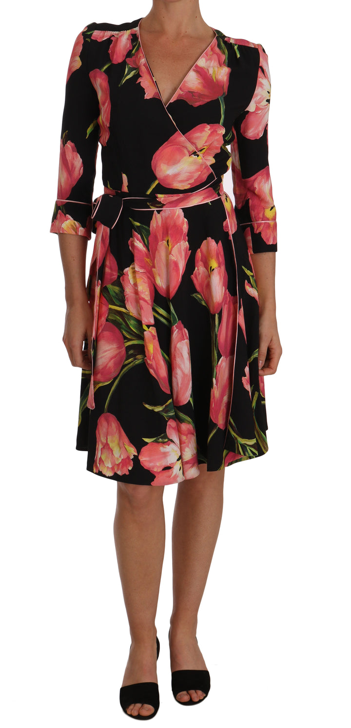 Dolce &amp; Gabbana Black Pink Tulip Print Stretch Shift Dress women’s dress