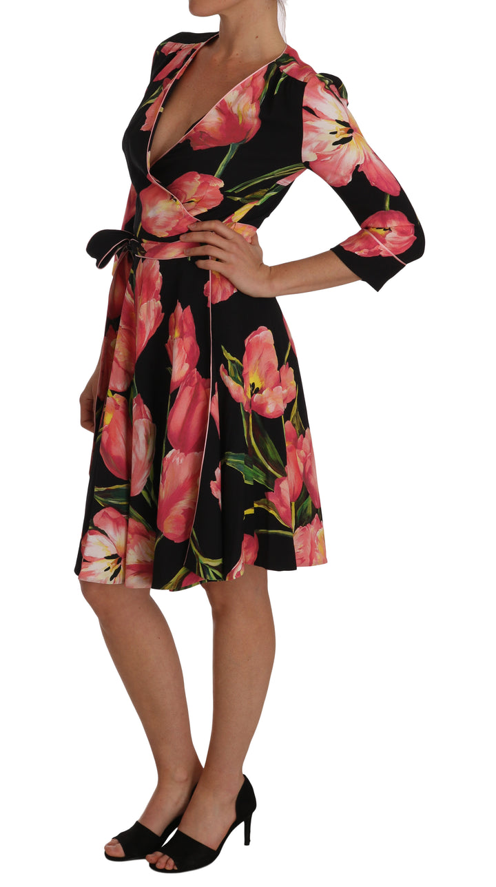 Dolce &amp; Gabbana Black Pink Tulip Print Stretch Shift Dress women’s dress