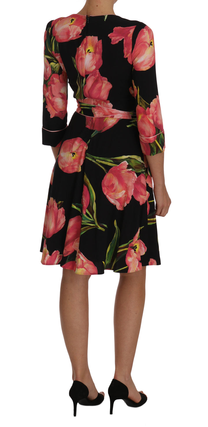 Dolce &amp; Gabbana Black Pink Tulip Print Stretch Shift Dress women’s dress