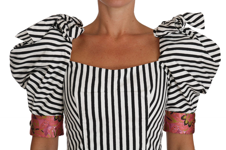 Dolce &amp; Gabbana White Black Striped Cropped Top Puff Sleeve Shirts