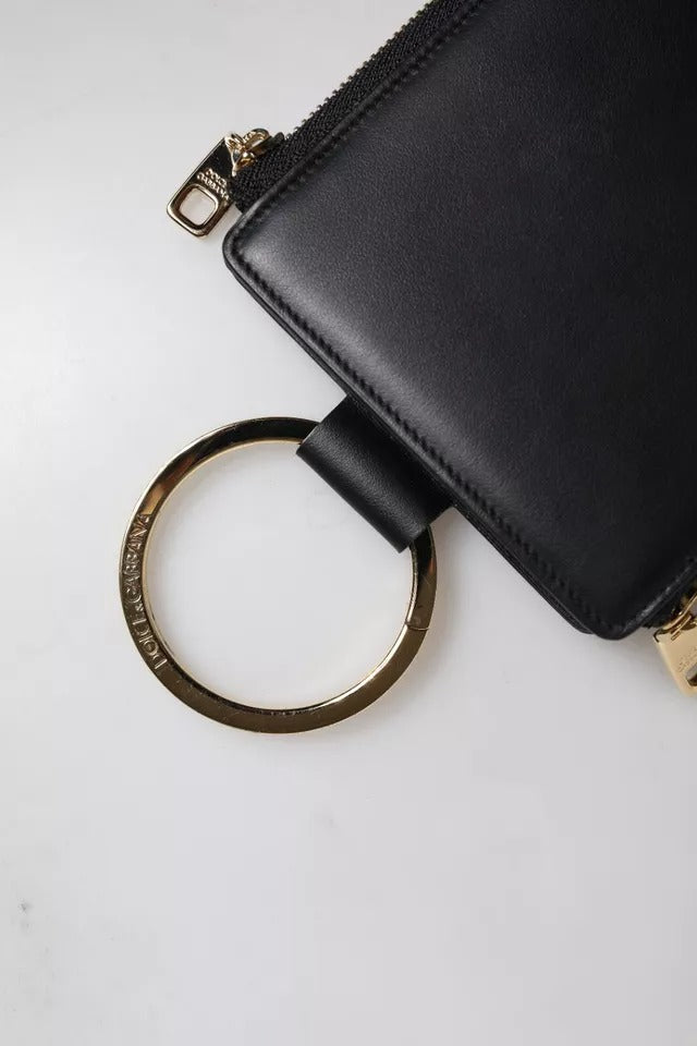 Dolce &amp; Gabbana Black Leather Logo Plaque Neck Strap Card Coin Wallet