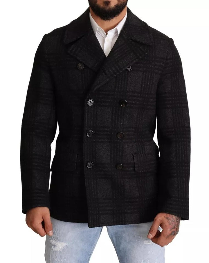 Dolce &amp; Gabbana Black Trench Coat Check Wool Jacket